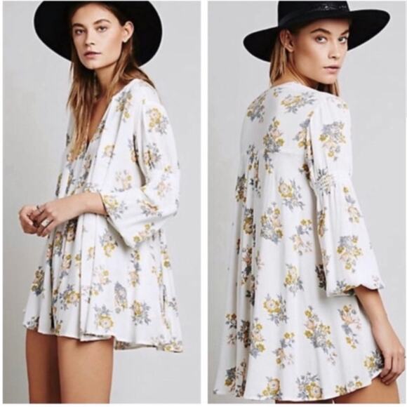 Free People White Gardenia Retro Print Tunic Mini Swing Dress size S - Picture 14 of 14